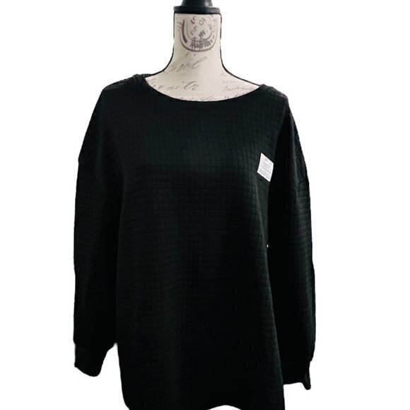 🛍️2 for $25 Sale🛍️ Black Waffle Square Crew Neck Sweatshirt 1X Cozy - Picture 2 of 14